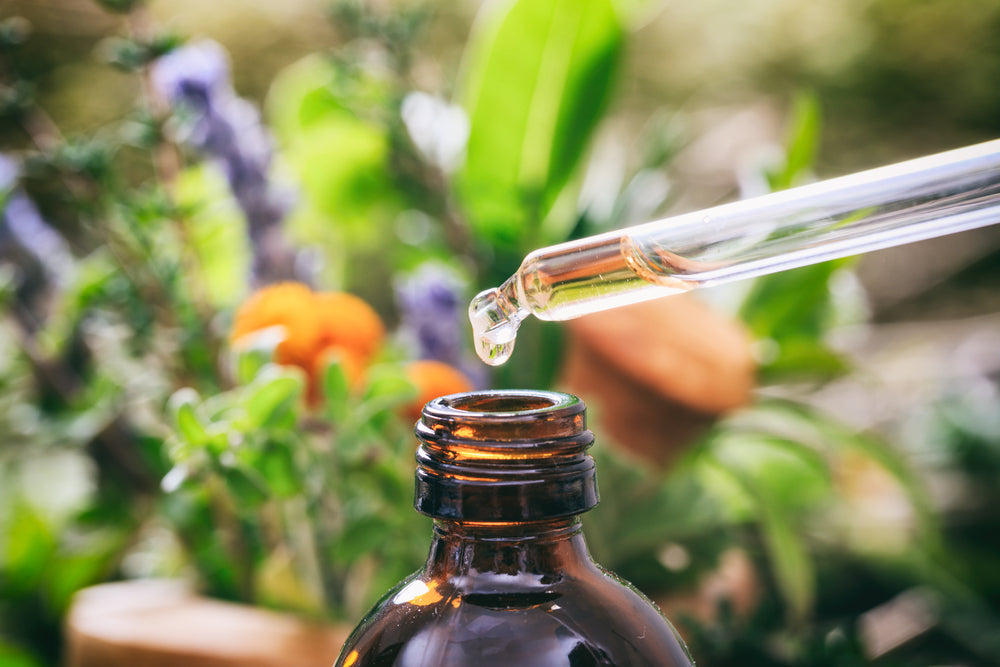 Essential oil to deter bugs and a dropper on blur fresh herbs background