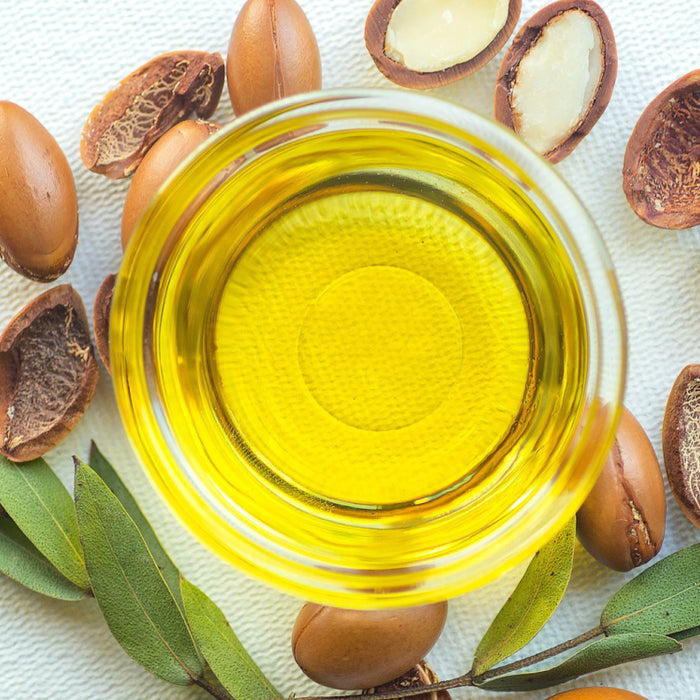 argan oil surrounded by argan seeds