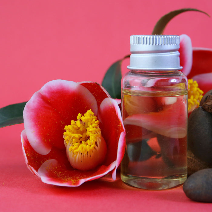 camellia oil in bottle with flowers and red background