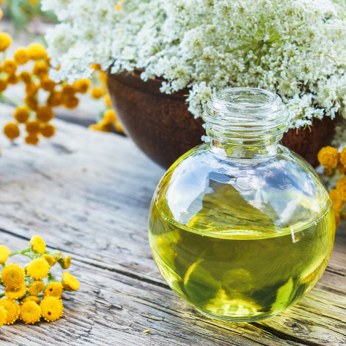 Helichrysum oil in front of bunches of yellow flowers. 