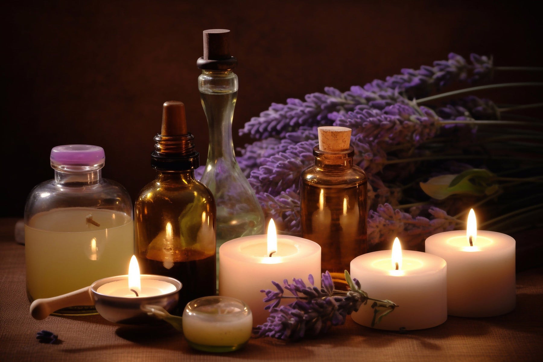 essential oils in glass bottles by light white candles in front of lavender sprigs