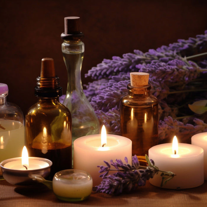 essential oils in glass bottles by light white candles in front of lavender sprigs
