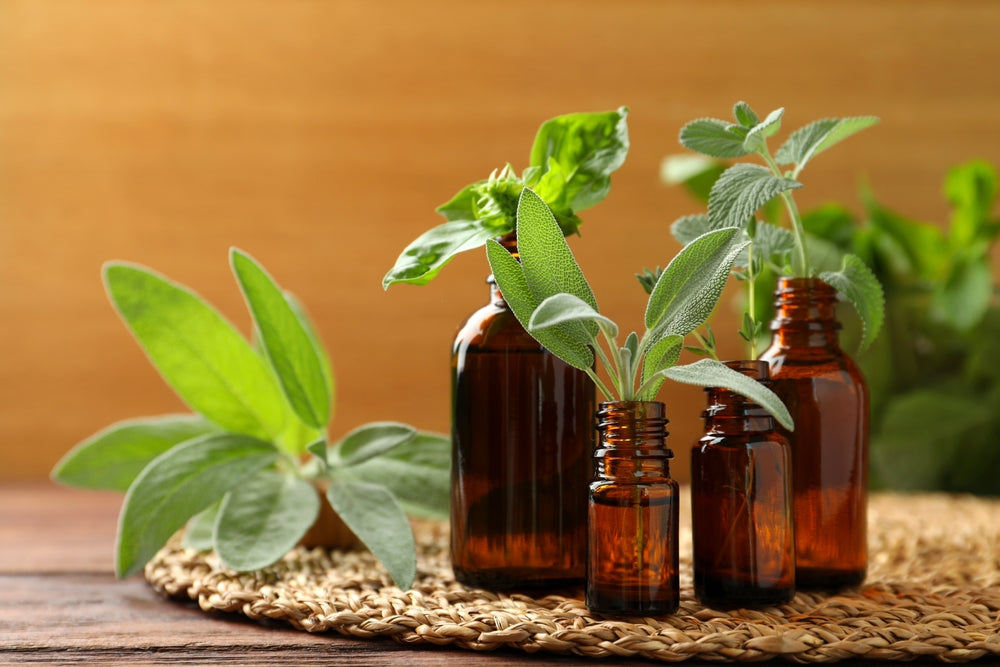 Bottles of essential oils and fresh herbs on wooden table,