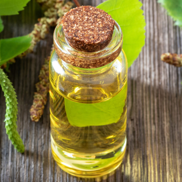 essential oil bottle with birch branch