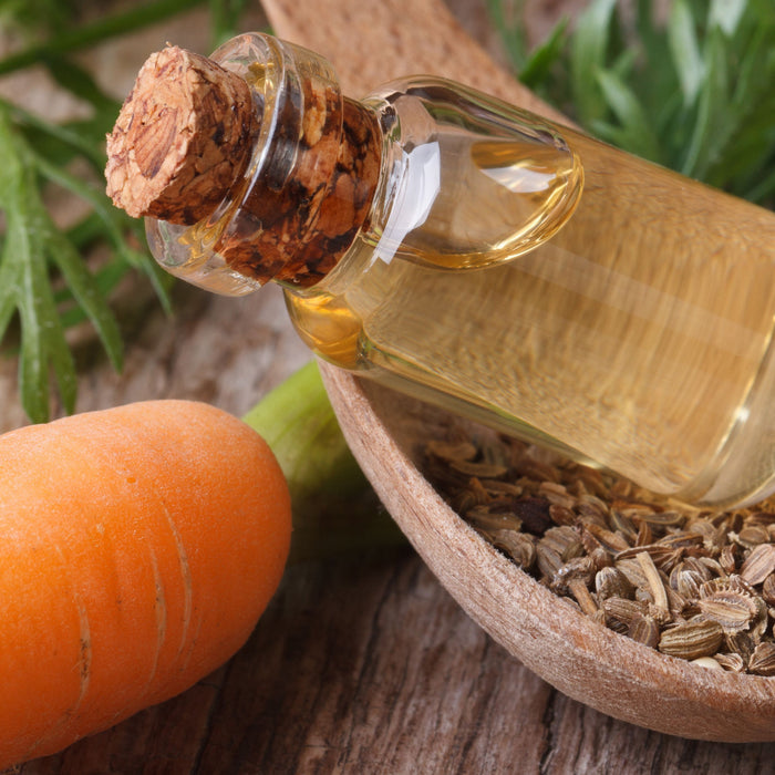 carrot seed essential oil with a carrot and carrot seeds in wooden spoon